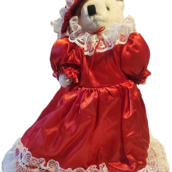 Vintage Teddy Bear On Stand w Satin & Lace Dress & Hat 15"H Great Condition - Picture 8 of 12